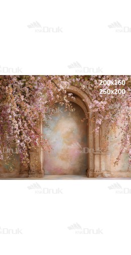 Tło fotograficzne z kwitnącą gałęzią i pastelowym łukiem pałacowym | E552